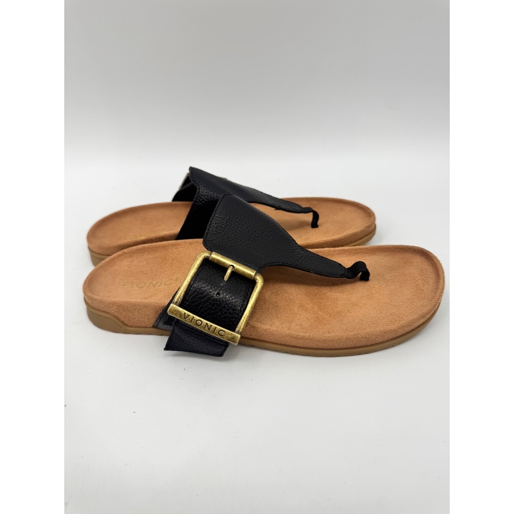 Vionic Emma Thong Sandals Women 10 Black Leather Buckle Orthotic